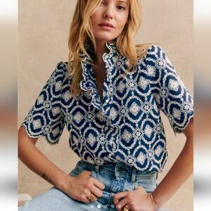 NWT 2024 Sold Out Sezane Dahlia Blue Marine Shirt Blouse Embroidered Size 38 6